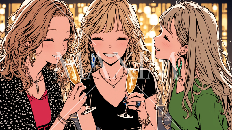 女子会：気の合う女友達が集まり、酒を交わし、おいしい食事をしながら、仕事の話や恋バナをしている