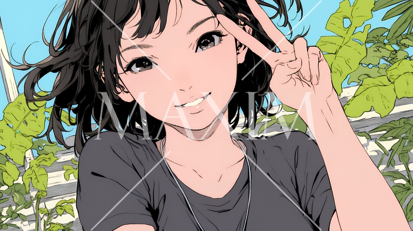 笑顔でピースサインを見せる若い女性