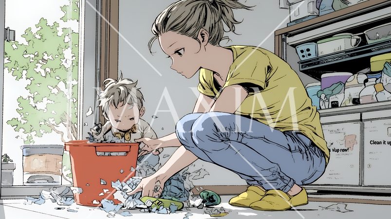 家の中で子どもと遊んでいる若い母親