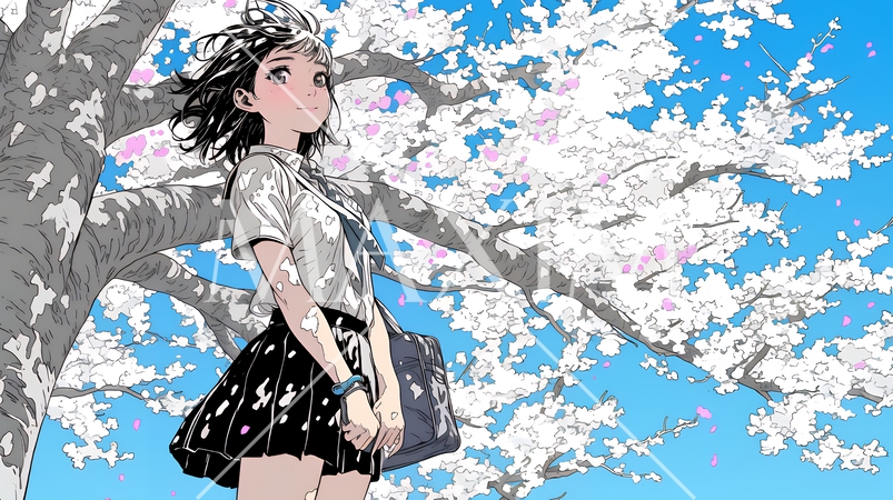 満開の桜の木の下を歩く制服姿の女子高生