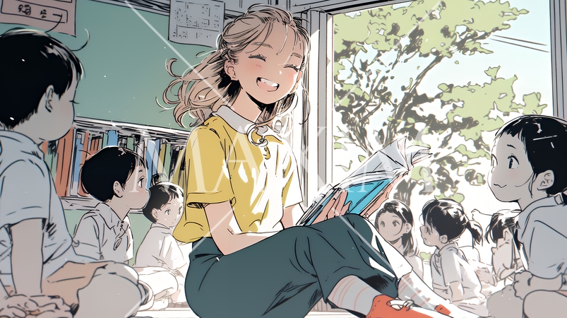 児童と若い女性の先生