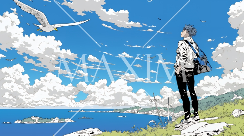 初夏の海を眺めている青年