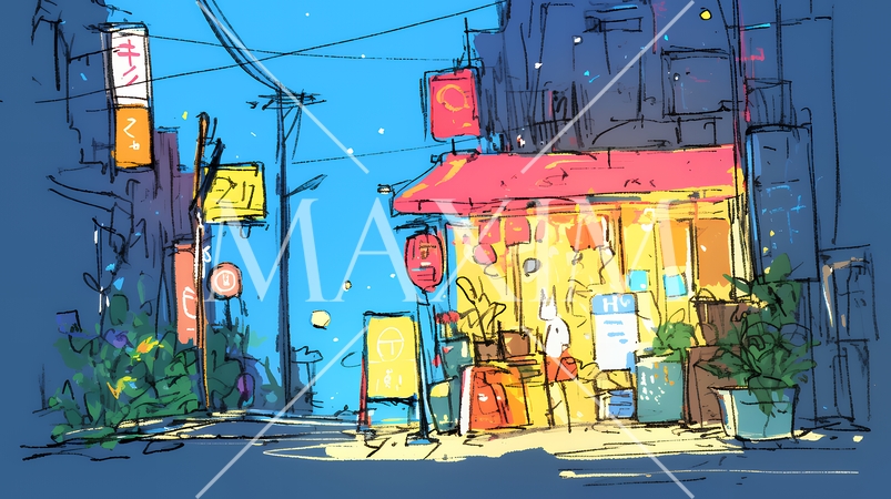 昭和の匂いがする昔ながらの飲み屋（クレヨンと水彩画風）