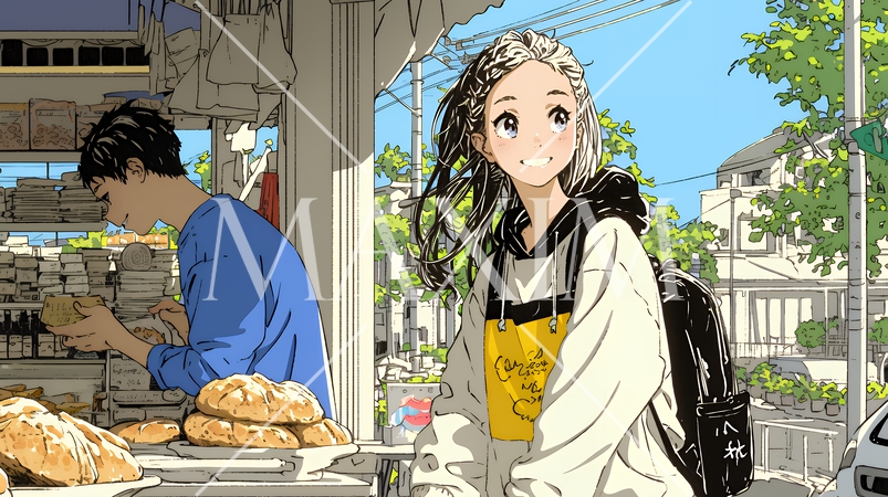 近所のパン屋で焼きたてパンを買う若い女性