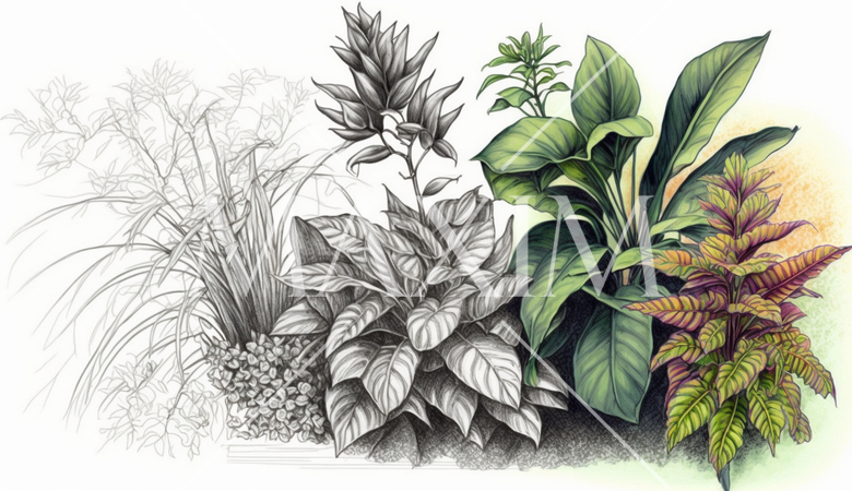 背景や挿絵用の植物の色鉛筆画