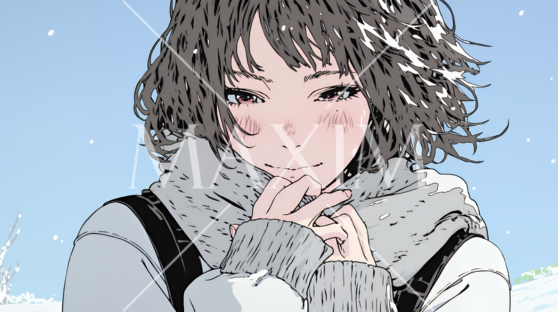 かじかんだ手に息を吹きかけて温めている若い女性