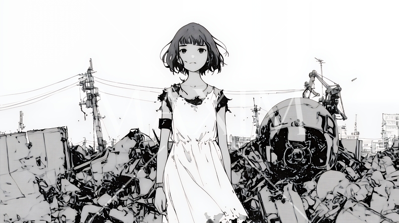 震災や空爆などで破壊された街で孤独に立ちすくむ若い女性（シンプルな色合い）