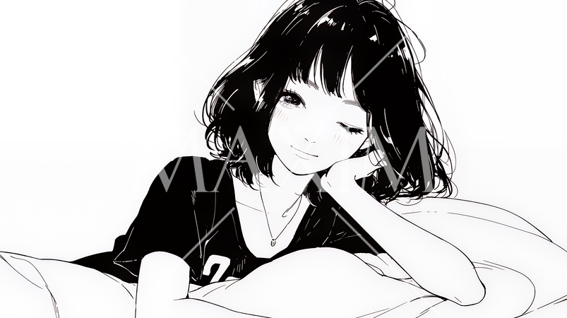 幸せそうな寝顔で眠っている若い女性（シンプルな色使い）