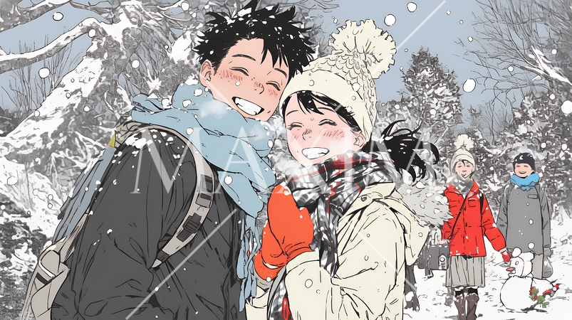 雪の日に家族で仲良く散歩に出かけている