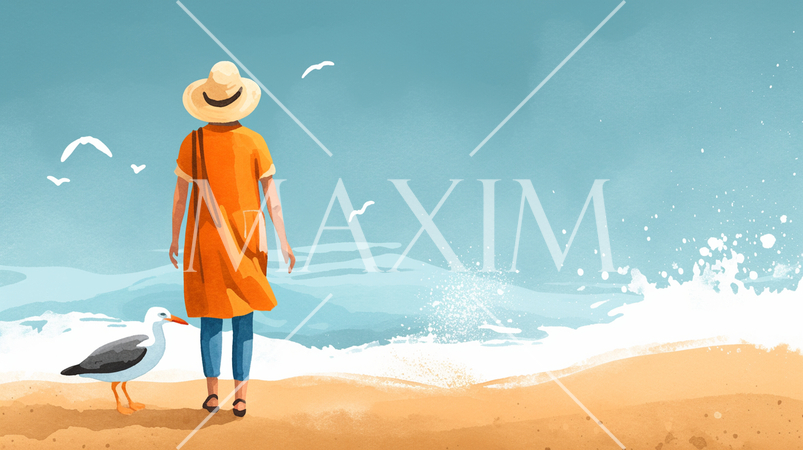 南国の海を眺める女性とカモメ