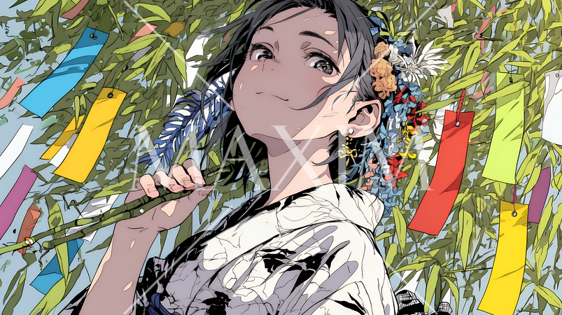 七夕飾りと和服を着た若い女性