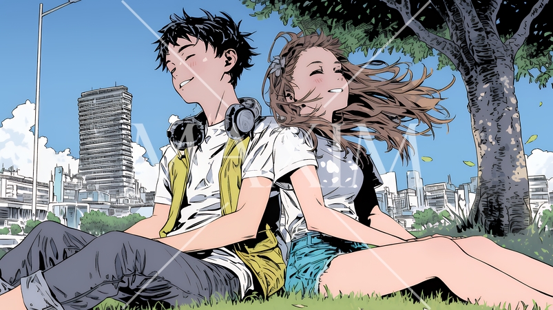 新緑の芝生が広がる都会の公園でくつろぐ若い男女