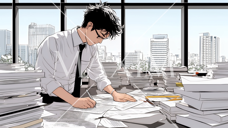オフィスのデスクで、入念に書類をチェックする男性