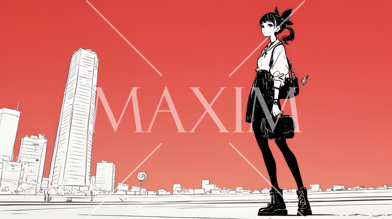 若い女性が佇む都市の街角（シンプルな色使い）