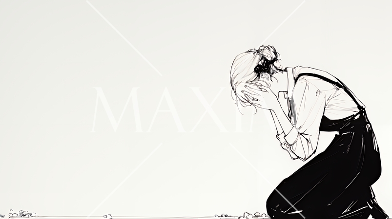 手を合わせてお祈りをしている若い女性（シンプルな色使い）