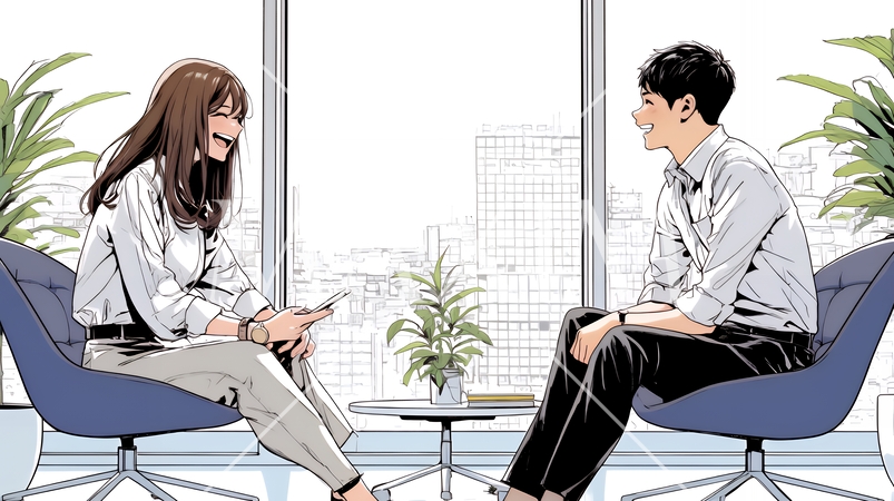 二人でミーティング（面談・インタビュー・会議）の場面