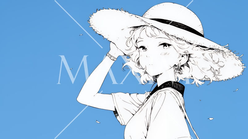 春風に飛ばされそうな帽子を、手で押さえる若い女性（シンプルな色使い）