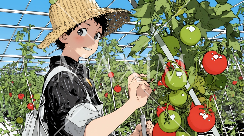 ビニールハウスでトマトの収穫をする農家の人