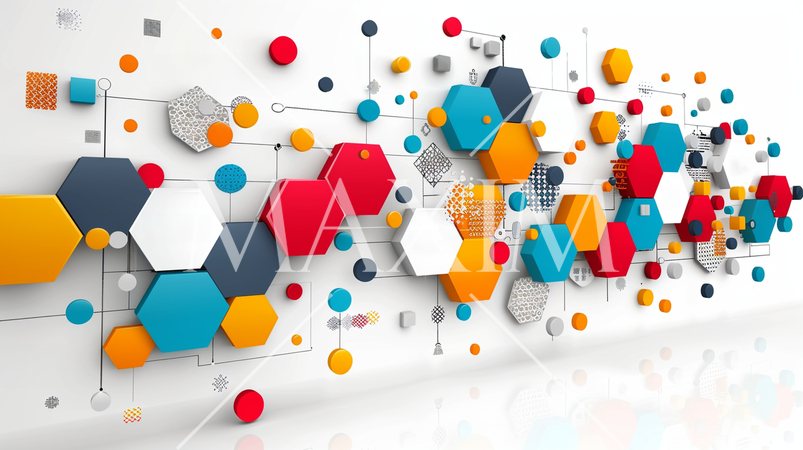 先進的な化学技術企業のイメージ：色とりどりの立体的な幾何学図形のある壁