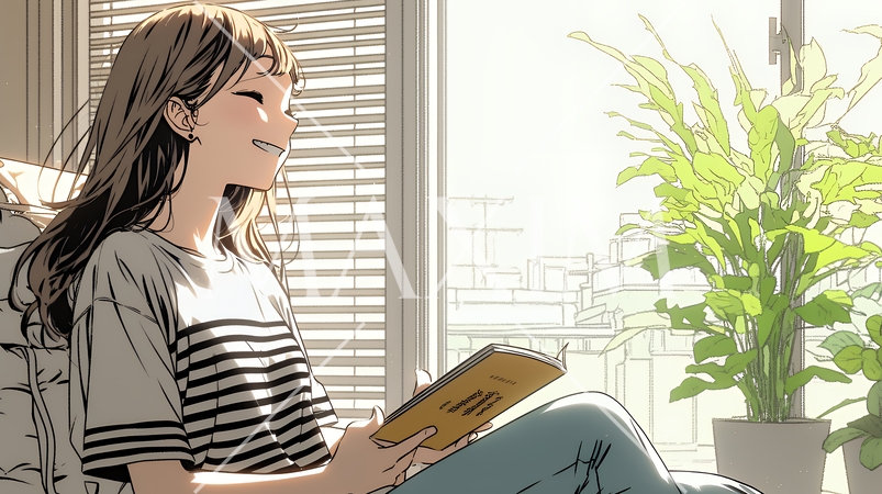 のんびり・ゆったり：窓辺でリラックスして本を読んでいる若い女性