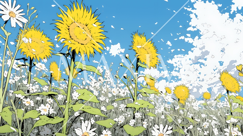 満開のひまわりと真夏の青空