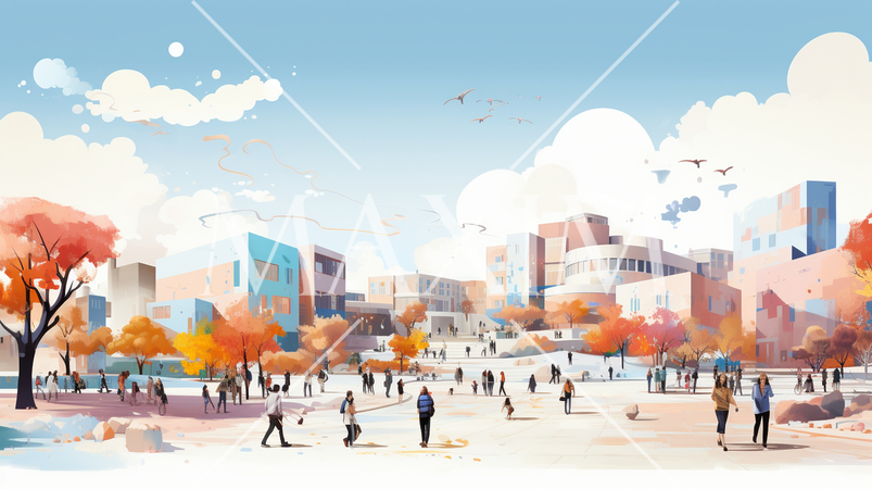 大学のキャンパスのイメージの水彩画