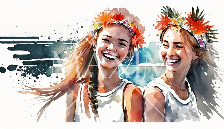 南国の島でリゾート気分の若い女友達たち