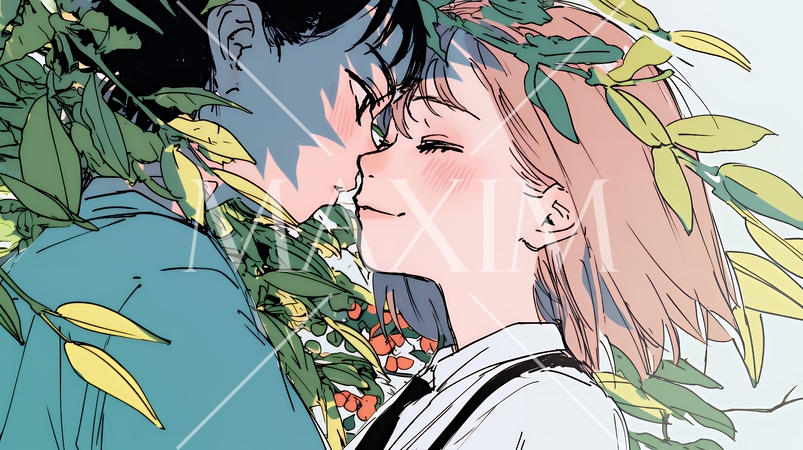 秋の紅葉の下でキスをしている若い恋人たち