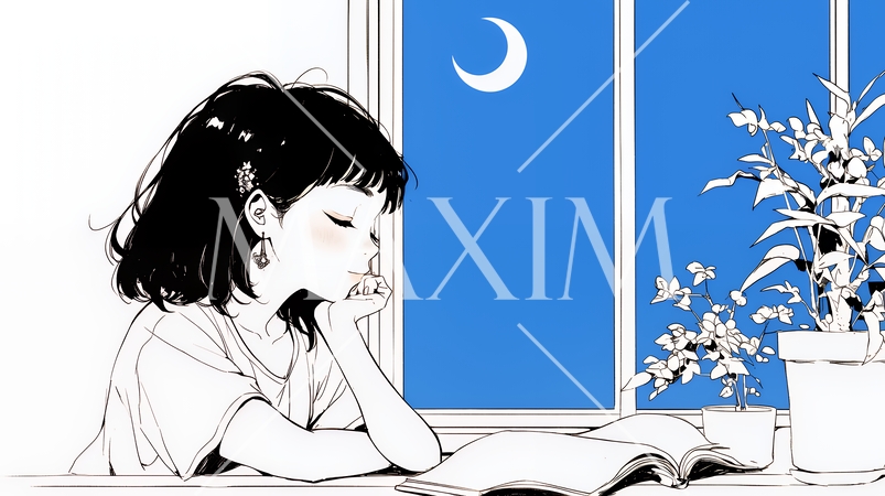 資料（本）を読みながら、うとうと眠ってしまう若い女性（シンプルな色使い）