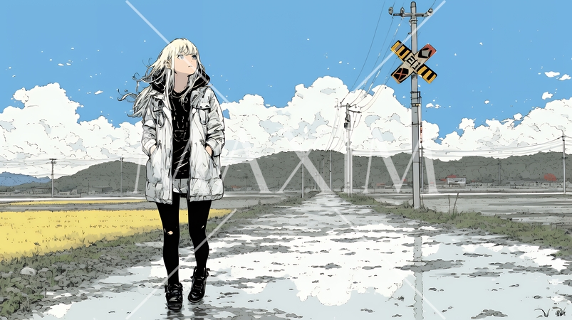 雪解けでぬかるんだ道を歩く若い女性