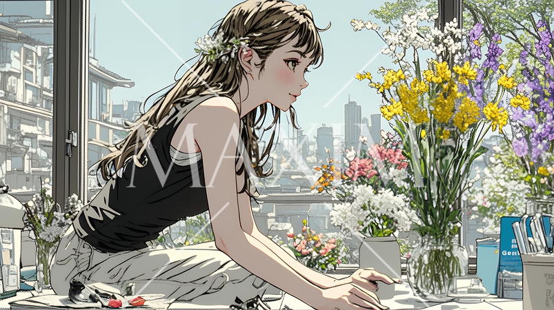 おもてなし（優しい心遣い）：来客のために花瓶に花を生ける若い女性