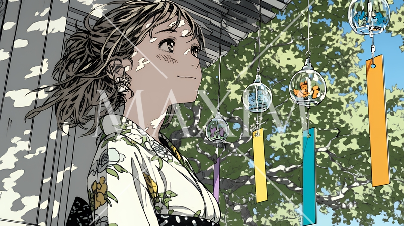 風鈴の音色を聞いている若い女性