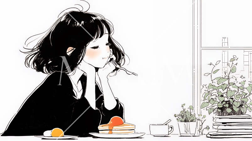 早朝のダイナー（喫茶店）でパンケーキ（モーニングセット）を食べる若い女性（シンプルな色使い）