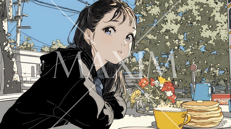 早朝のダイナー（喫茶店）でパンケーキ（モーニングセット）を食べる若い女性