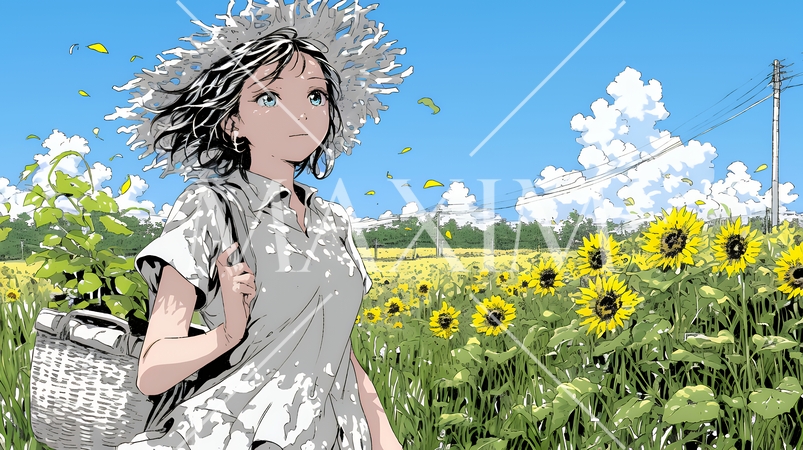 真夏の青空のもと、ヒマワリ畑を散策している若い女性