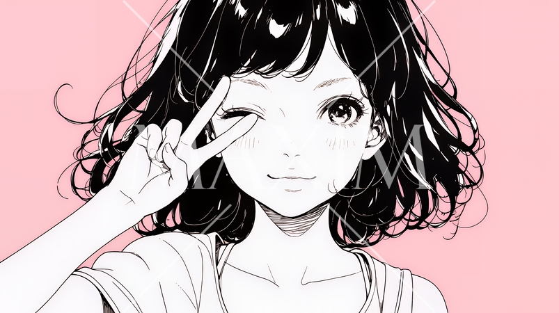 アイドルのように顔の横でピース＋ウィンクしている若い女性（シンプルな色使い）
