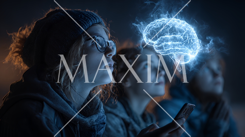 人々が抱く生成AIの抽象的なイメージ：人々が見上げる輝く脳がある