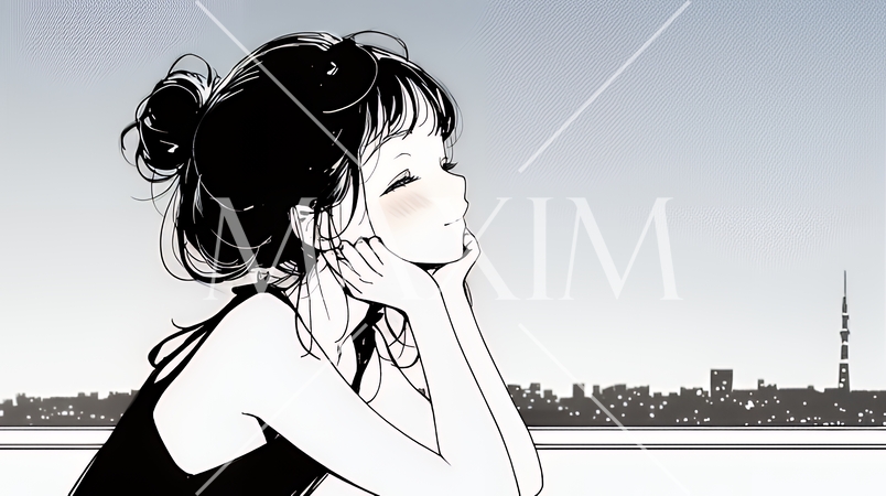 ベランダで夜風に当たりながら都会のランドスケープを眺め休む若い女性（シンプルな色使い）