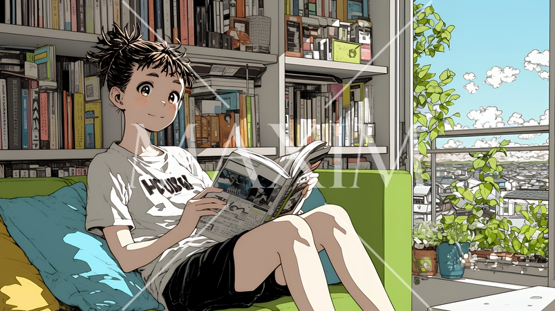 読書の秋：リビングルームで本を読んでいる若い女性