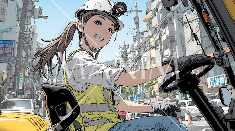 建設現場で重機を操作する若い女性