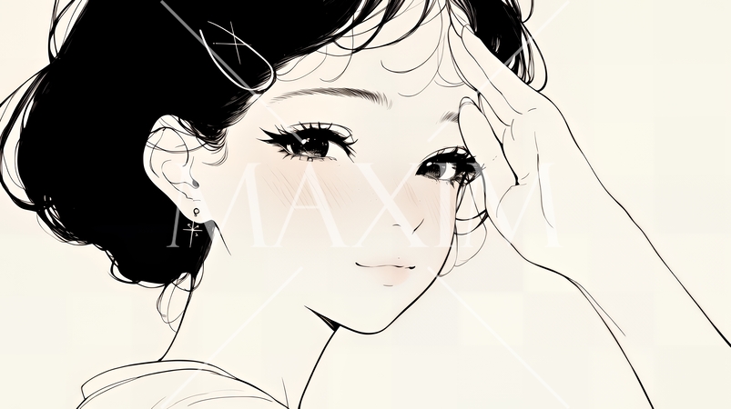 輝く瞳で見つめる好奇心旺盛な若い女性（シンプルな色使い）