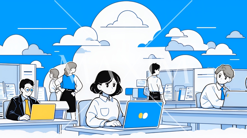 ITビジネスとクラウド技術のコンセプト｜ノートPCで働くチームとデータネットワークのイメージ