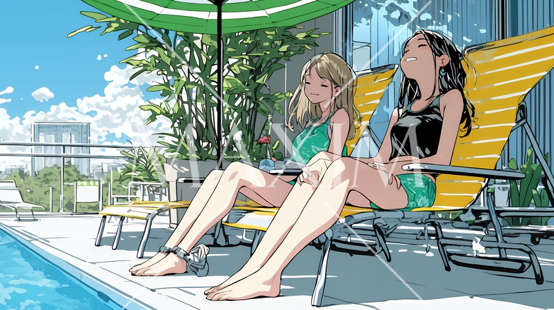 プールサイドのデッキチェアで談笑する女友達たち｜夏のリゾートで過ごすリラックスしたライフスタイルイメ