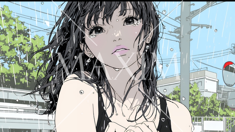 雨の中で泣いている若い女性