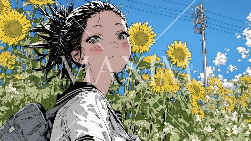 夏の晴天の日、ひまわりの畑を散策している黒髪の若い女性