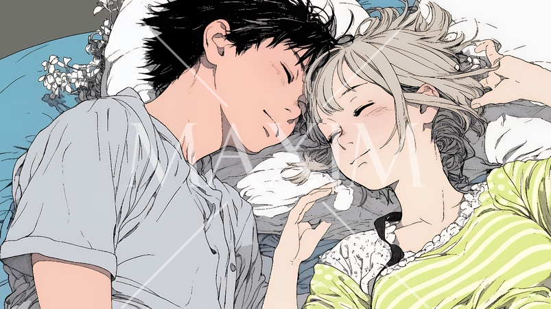 寄り添いながら穏やかに眠る若いカップル