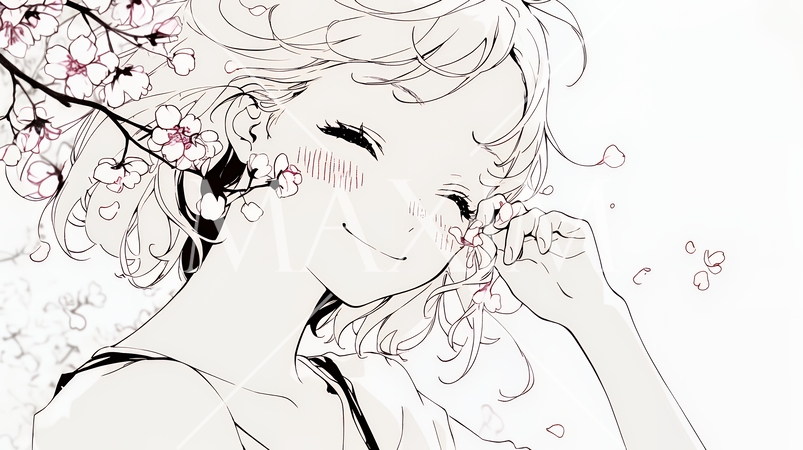 満開の桜の下、春風に乱れた髪を整える若い女性（シンプルな色使い）