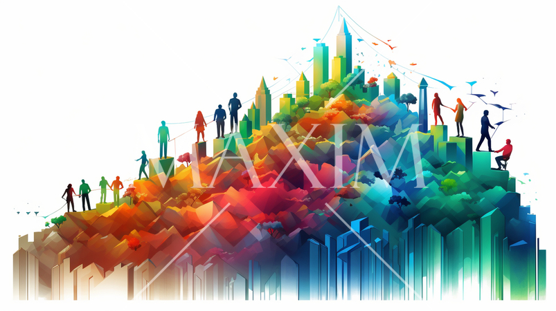 会社の成長と拡大のイメージ：新規市場への進出、成長ストラテジー。