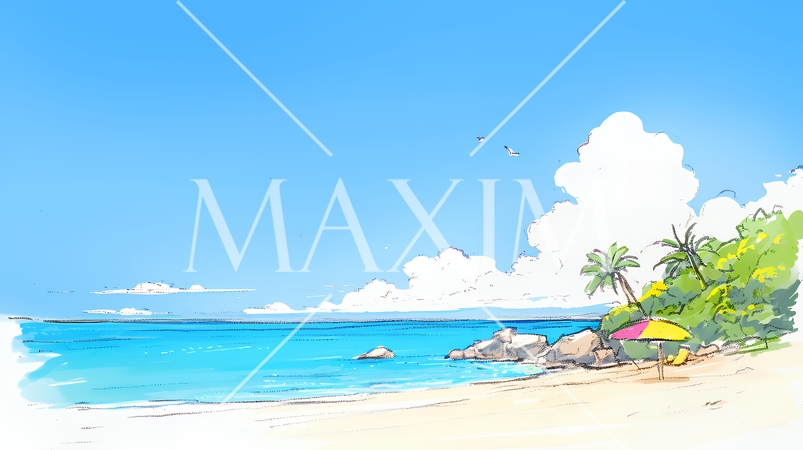 夏の青い空、青い海、白い雲と砂浜のコントラスト（クレヨン＋水彩画風）