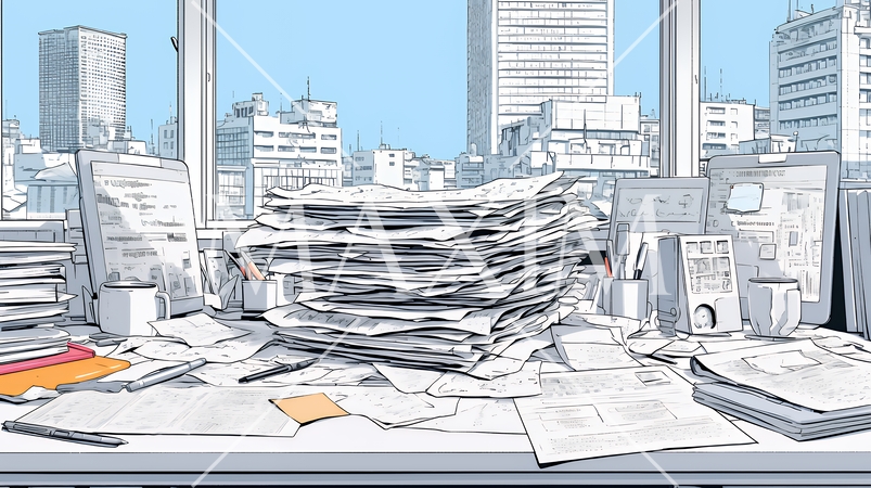 机の上に書類が山のように積まれている：書類整理ができていない状態